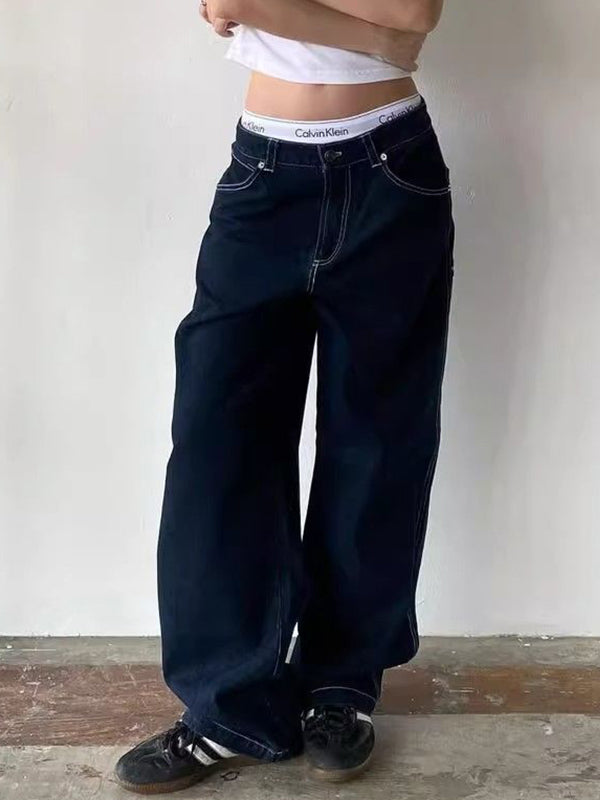 SUENTA Einfarbige Boyfriend-Jeans Vintage-Taschenstickerei Vintage-Optik Baumwolle Marineblau