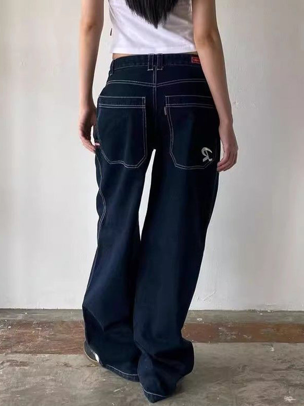 SUENTA Einfarbige Boyfriend-Jeans Vintage-Taschenstickerei Vintage-Optik Baumwolle