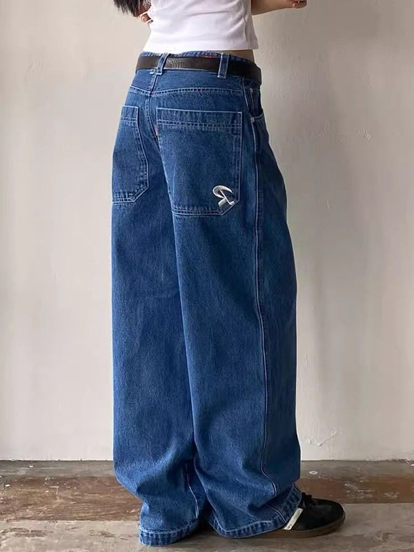 SUENTA Einfarbige Boyfriend-Jeans Vintage-Taschenstickerei Vintage-Optik Baumwolle Blau