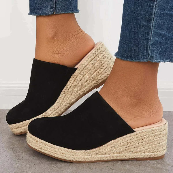 SUENTA Elegante Espadrille-Keilpantoletten mit schlankem, geschlossenem Zehenbereich Schwarz