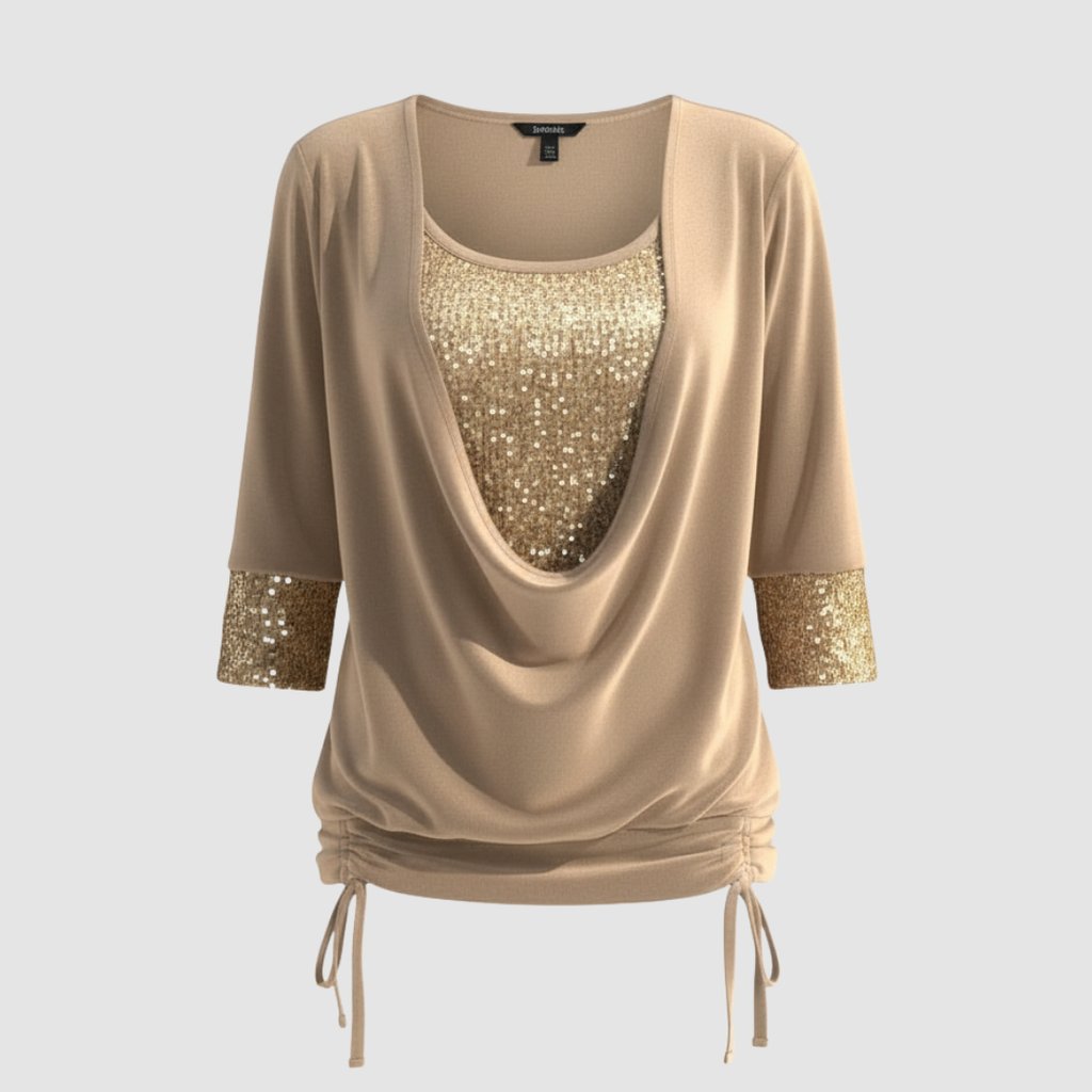 SUENTA Damen Elegante Figurfreundliche Pailletten Langarmbluse Gold