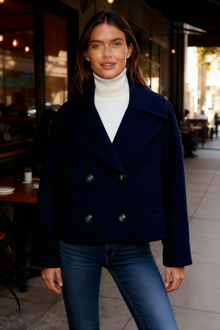 SUENTA Damen Kurzjacke Elegant Kurzschnitt Zweireihigen Polyester Mischung Marine