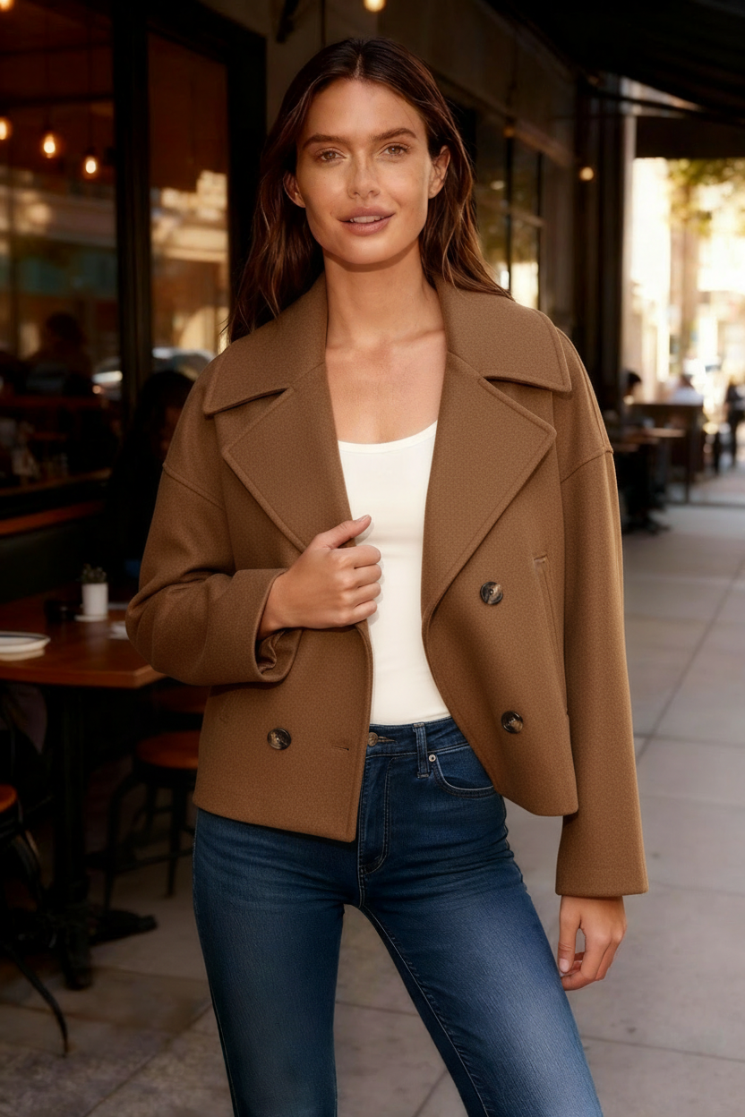 SUENTA Damen Kurzjacke Elegant Kurzschnitt Zweireihigen Polyester Mischung Braun