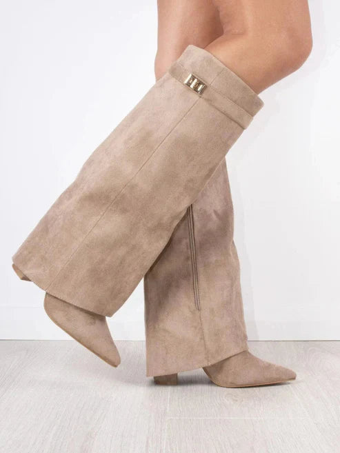 SUENTA Luxuriöse Stiefel Mit Überschlag Hohes Modell 8,5 cm Blockabsatz Leder Beige - Wildleder