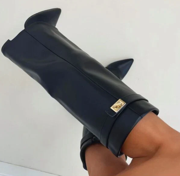 SUENTA Luxuriöse Stiefel Mit Überschlag Hohes Modell 8,5 cm Blockabsatz Leder