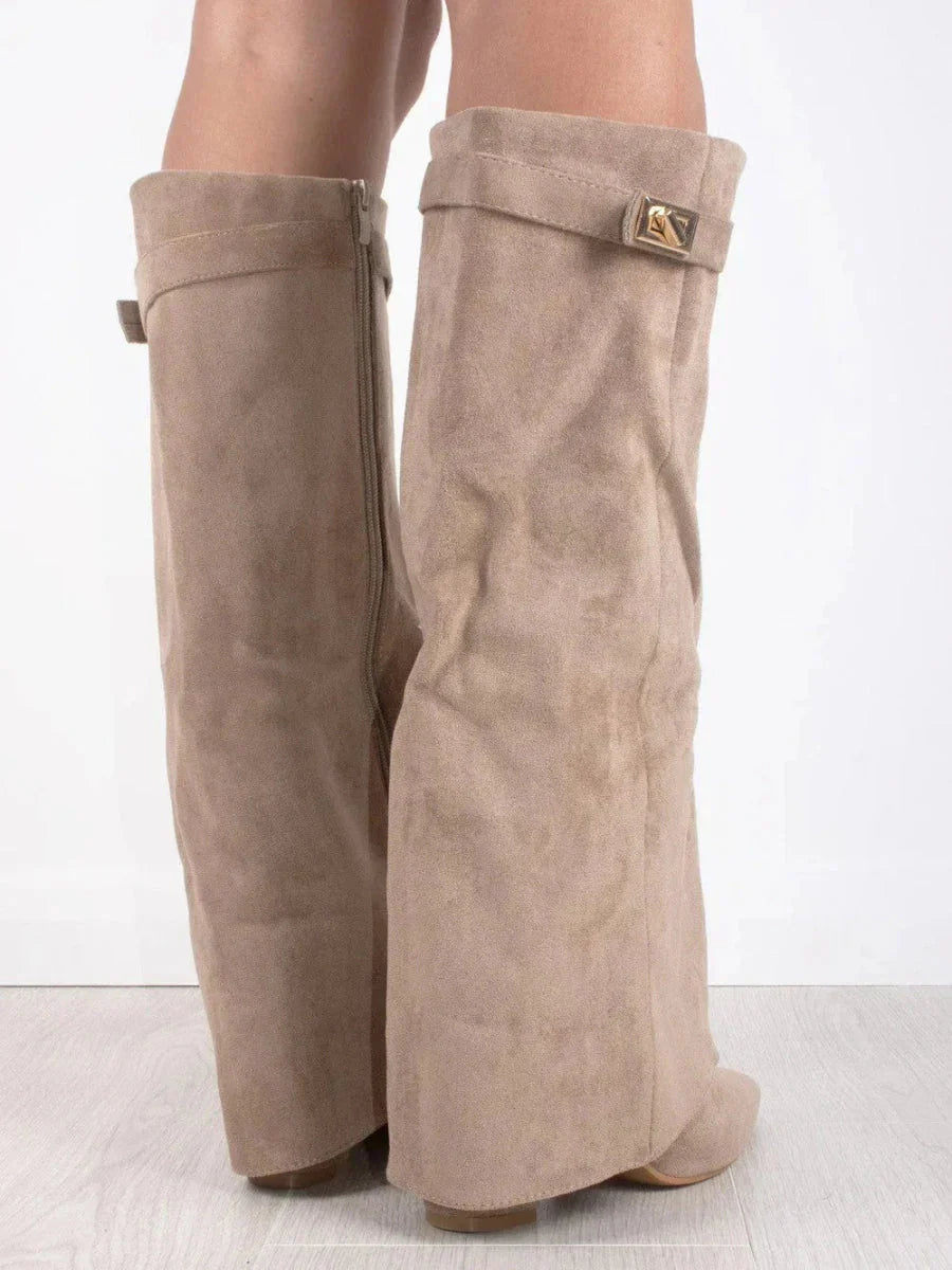 SUENTA Luxuriöse Stiefel Mit Überschlag Hohes Modell 8,5 cm Blockabsatz Leder