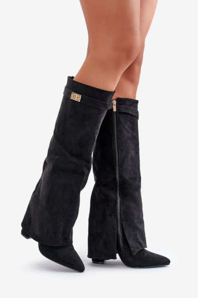 SUENTA Luxuriöse Stiefel Mit Überschlag Hohes Modell 8,5 cm Blockabsatz Leder