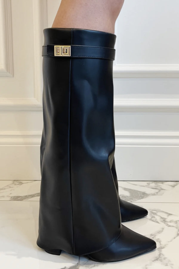 SUENTA Luxuriöse Stiefel Mit Überschlag Hohes Modell 8,5 cm Blockabsatz Leder Schwarz - Leder