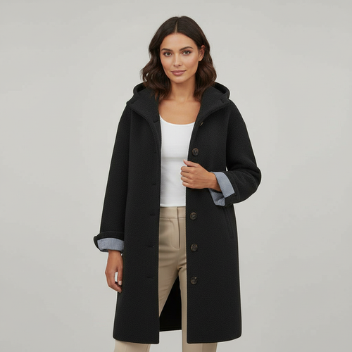 SUENTA Damen Wintermantel Eleganter Langer Mantel Fleece Komfort Schwarz