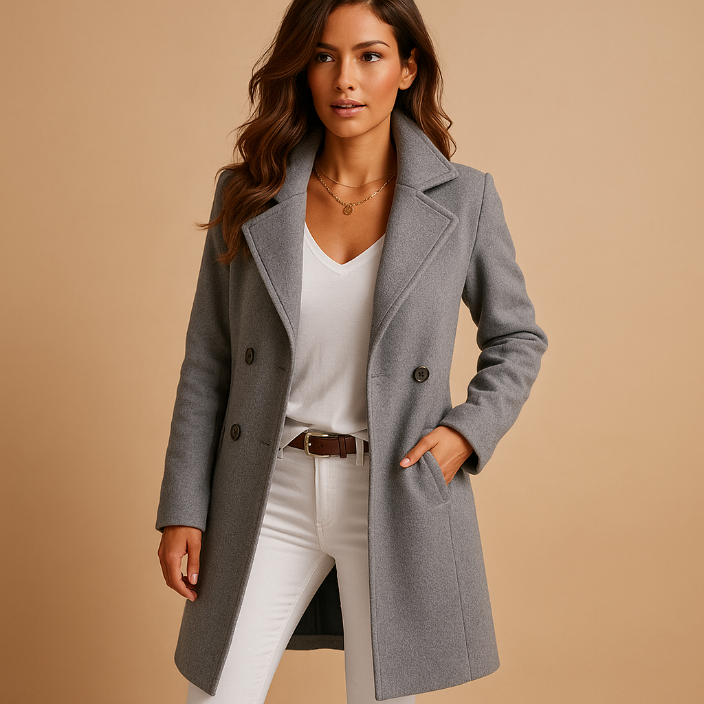 SUENTA Damen Eleganter Langer Damenmantel Mit Knöpfen Taillierter Damenmantel Grau