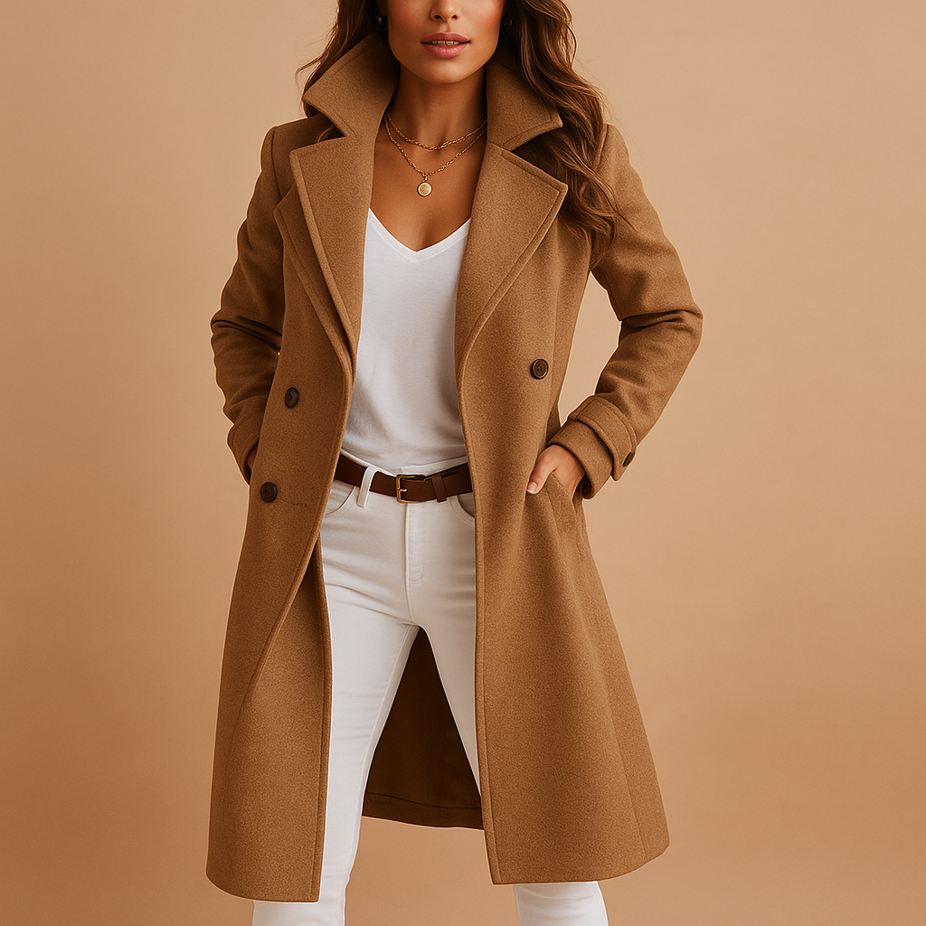 SUENTA Damen Eleganter Langer Damenmantel Mit Knöpfen Taillierter Damenmantel Braun