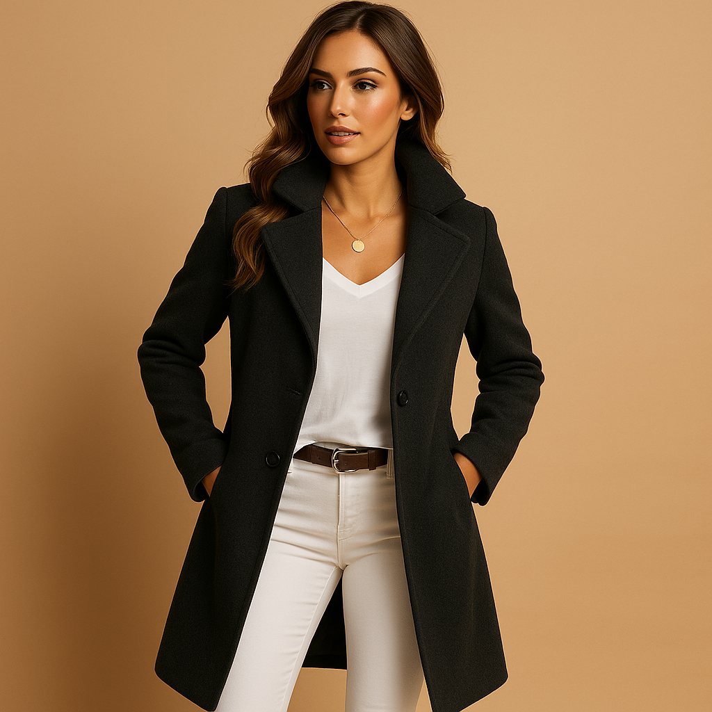 SUENTA Damen Eleganter Langer Damenmantel Mit Knöpfen Taillierter Damenmantel Schwarz