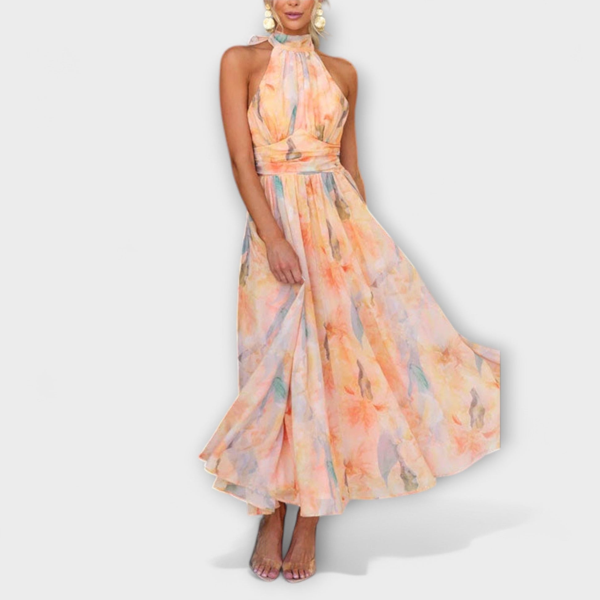 SUENTA Damen Elegantes Maxikleid mit Wasserfarbenmuster Zeitlose Eleganz