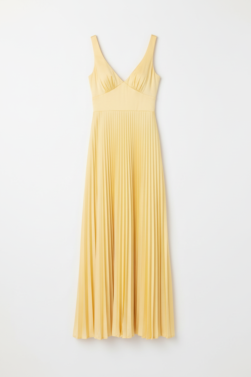 SUENTA Damen Plisseekleid Sonnengelb – V-Ausschnitt & Fliessende Silhouette