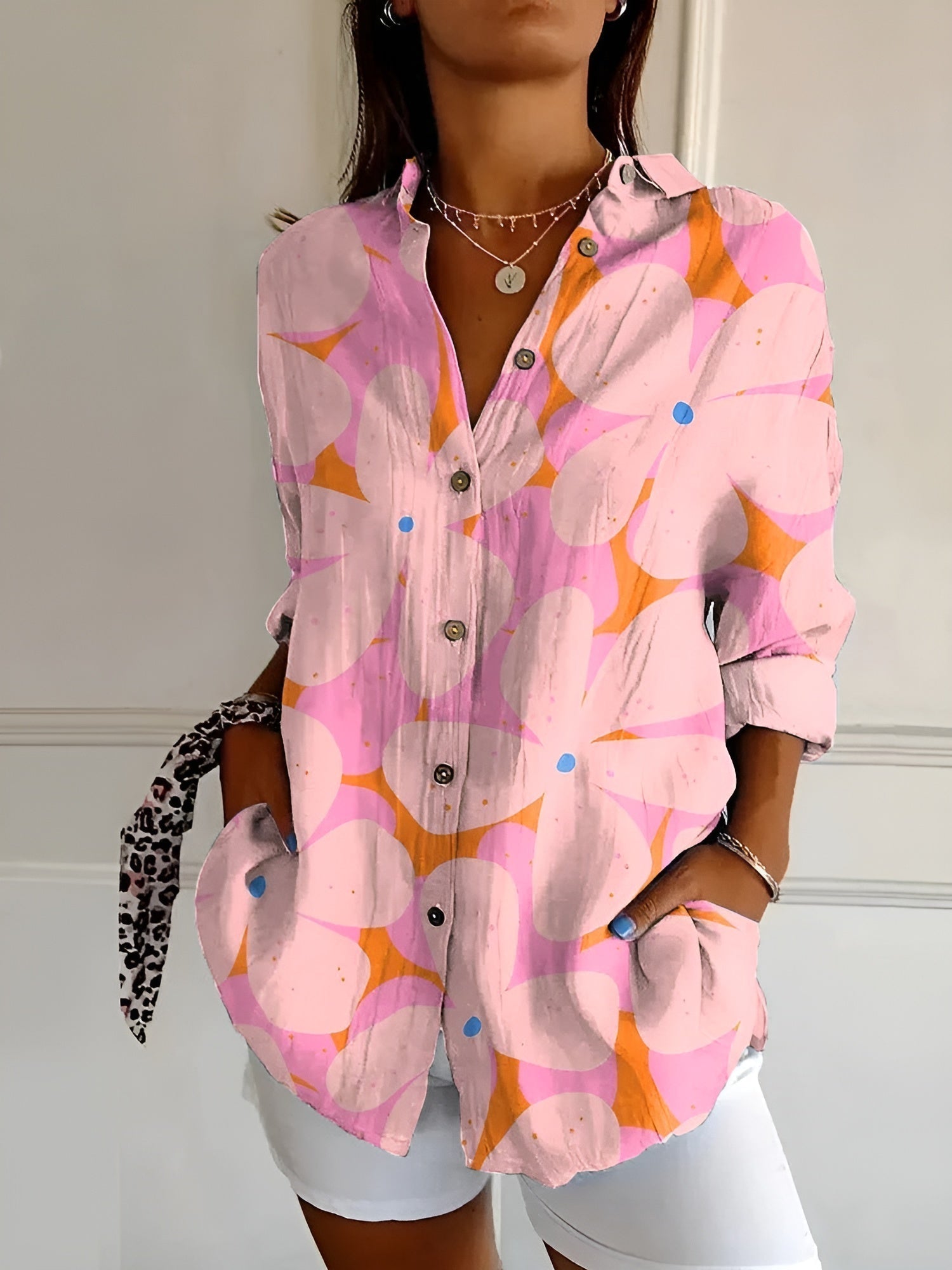 SUENTA Parsha | Damenhemd – Stilvolles Blumenmuster, leichte Passform & feminine Bequemlichkeit Pink Blomst
