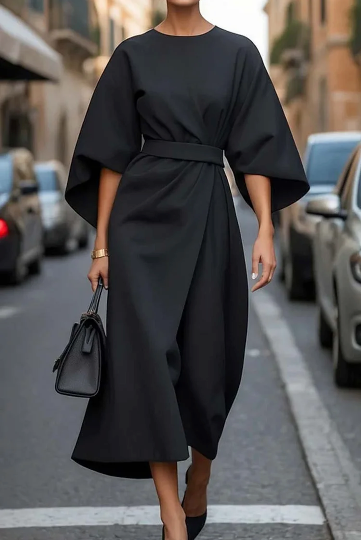 SUENTA Damen Taillierte Maxikleid Mit Gürtel Lange Silhouette Schwarz