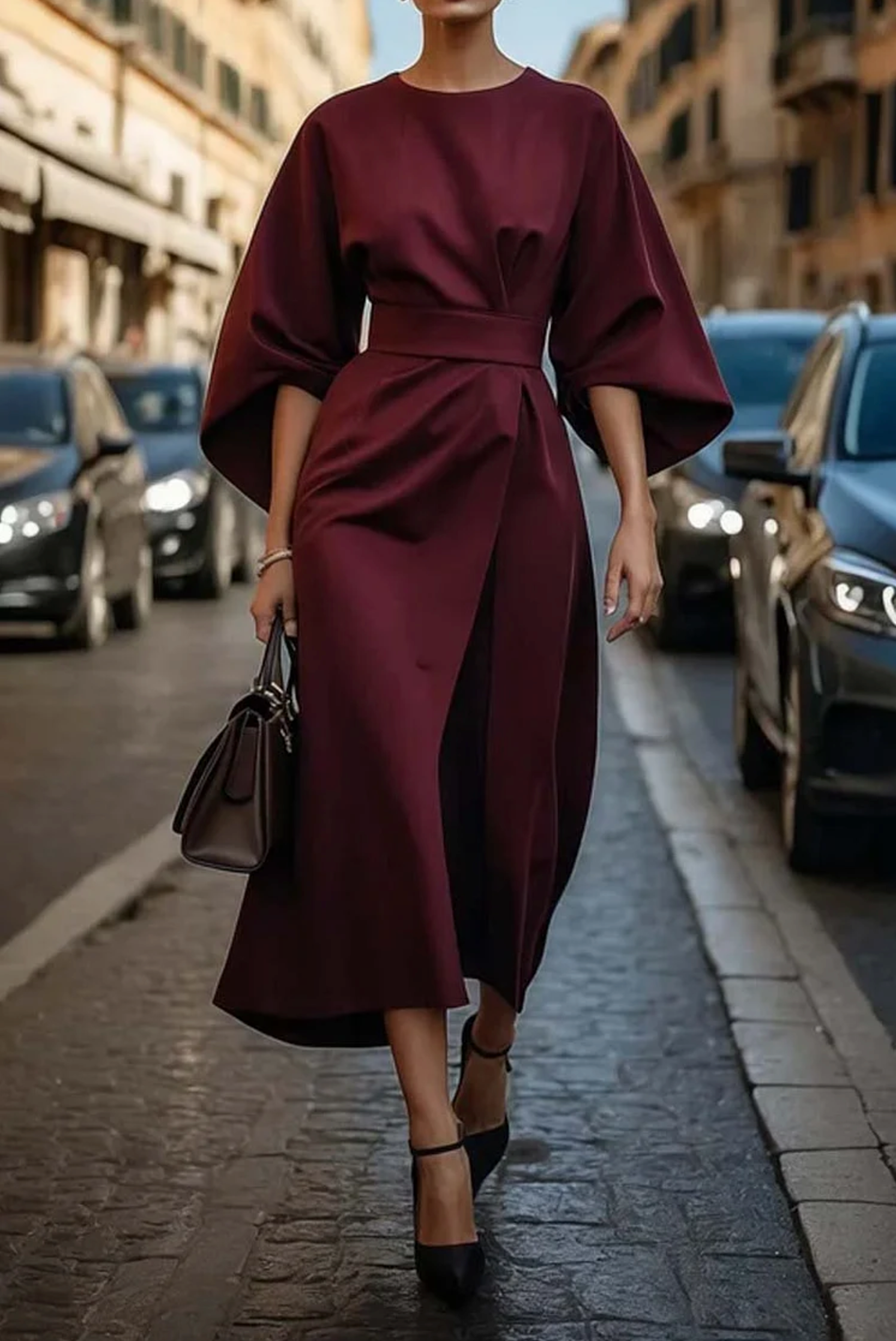 SUENTA Damen Taillierte Maxikleid Mit Gürtel Lange Silhouette Burgund