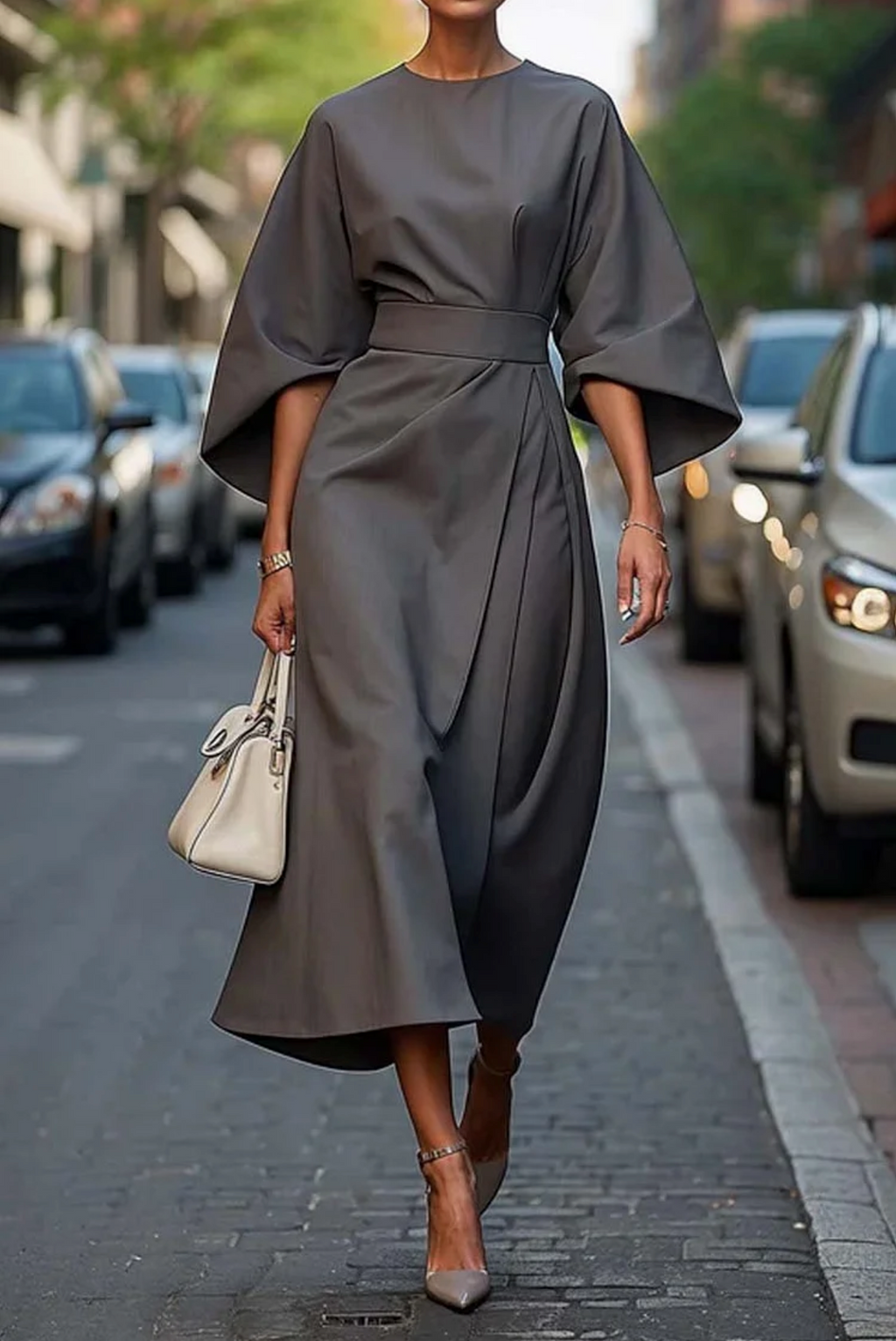 SUENTA Damen Taillierte Maxikleid Mit Gürtel Lange Silhouette Grau