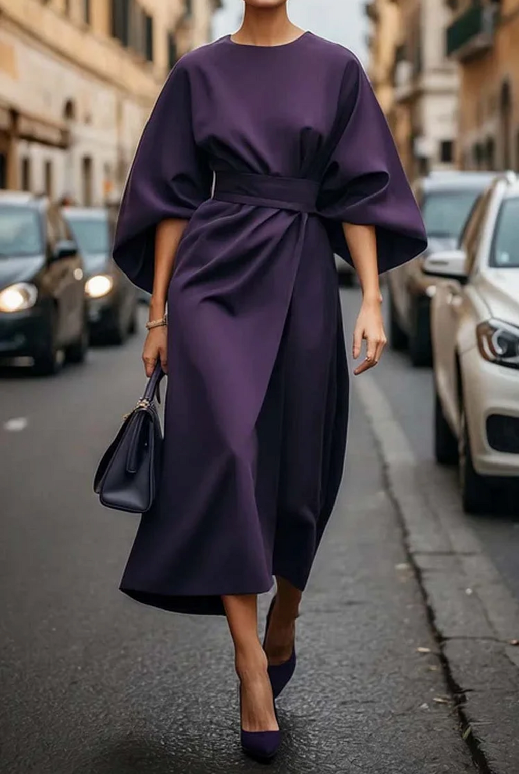 SUENTA Damen Taillierte Maxikleid Mit Gürtel Lange Silhouette Lila