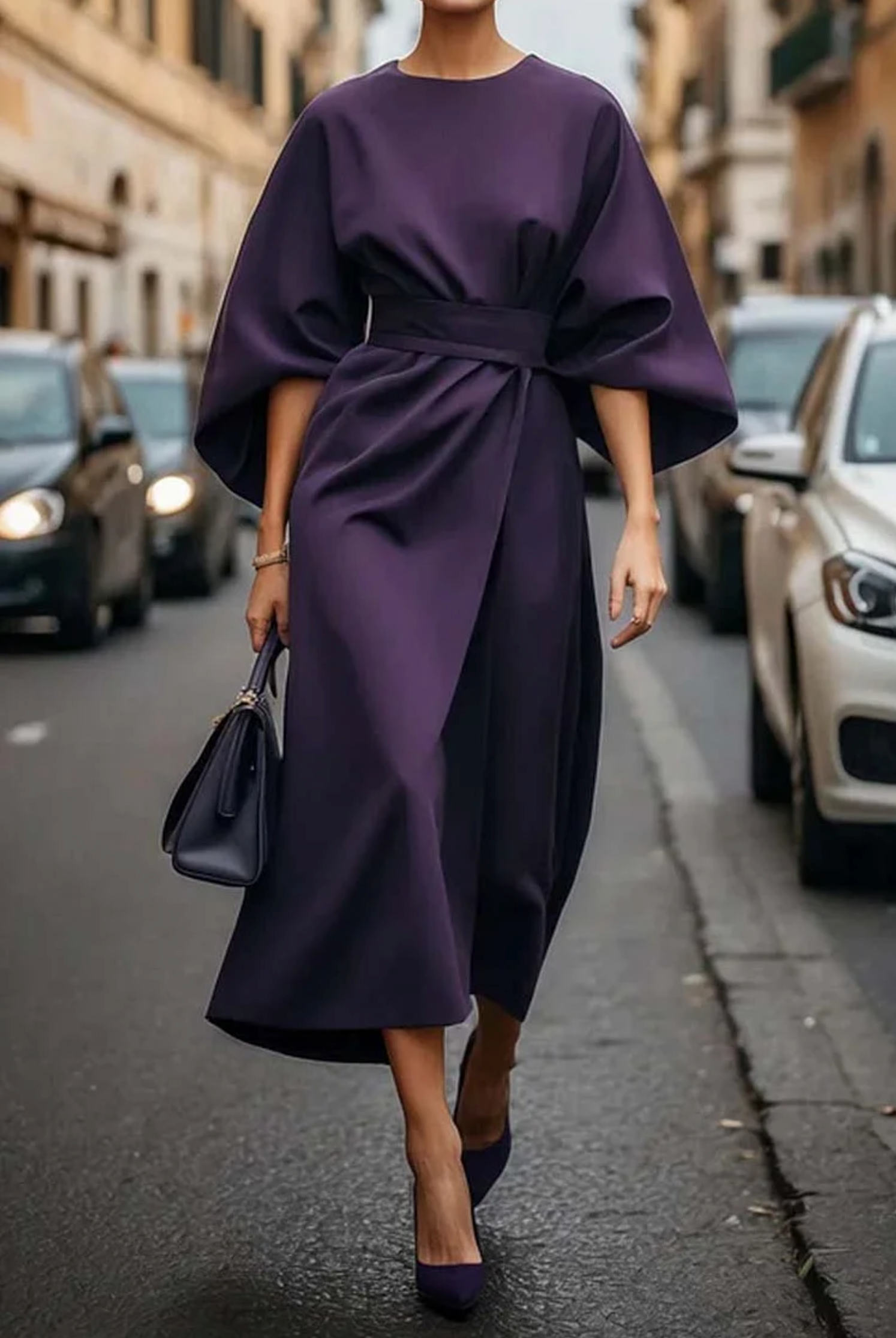 SUENTA Damen Taillierte Maxikleid Mit Gürtel Lange Silhouette Lila