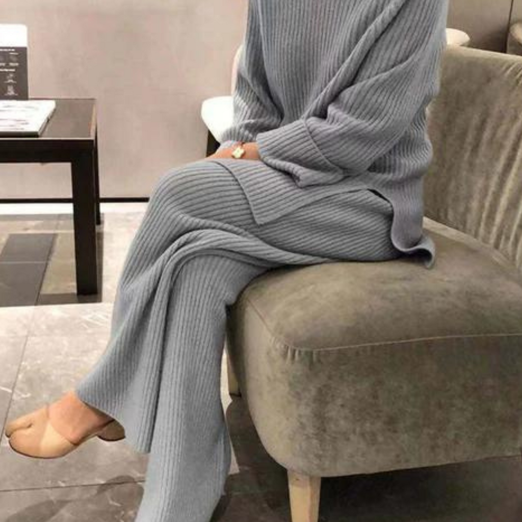 SUENTA Frauen Lässiges Strickpullover- und Hosen-Set Casual-Chic-Outfit Grau