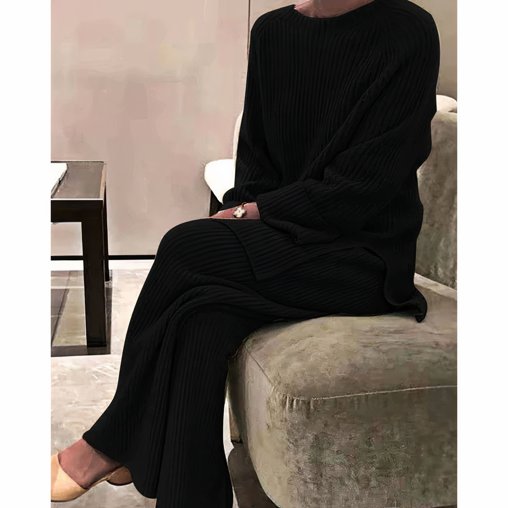 SUENTA Frauen Lässiges Strickpullover- und Hosen-Set Casual-Chic-Outfit Schwarz