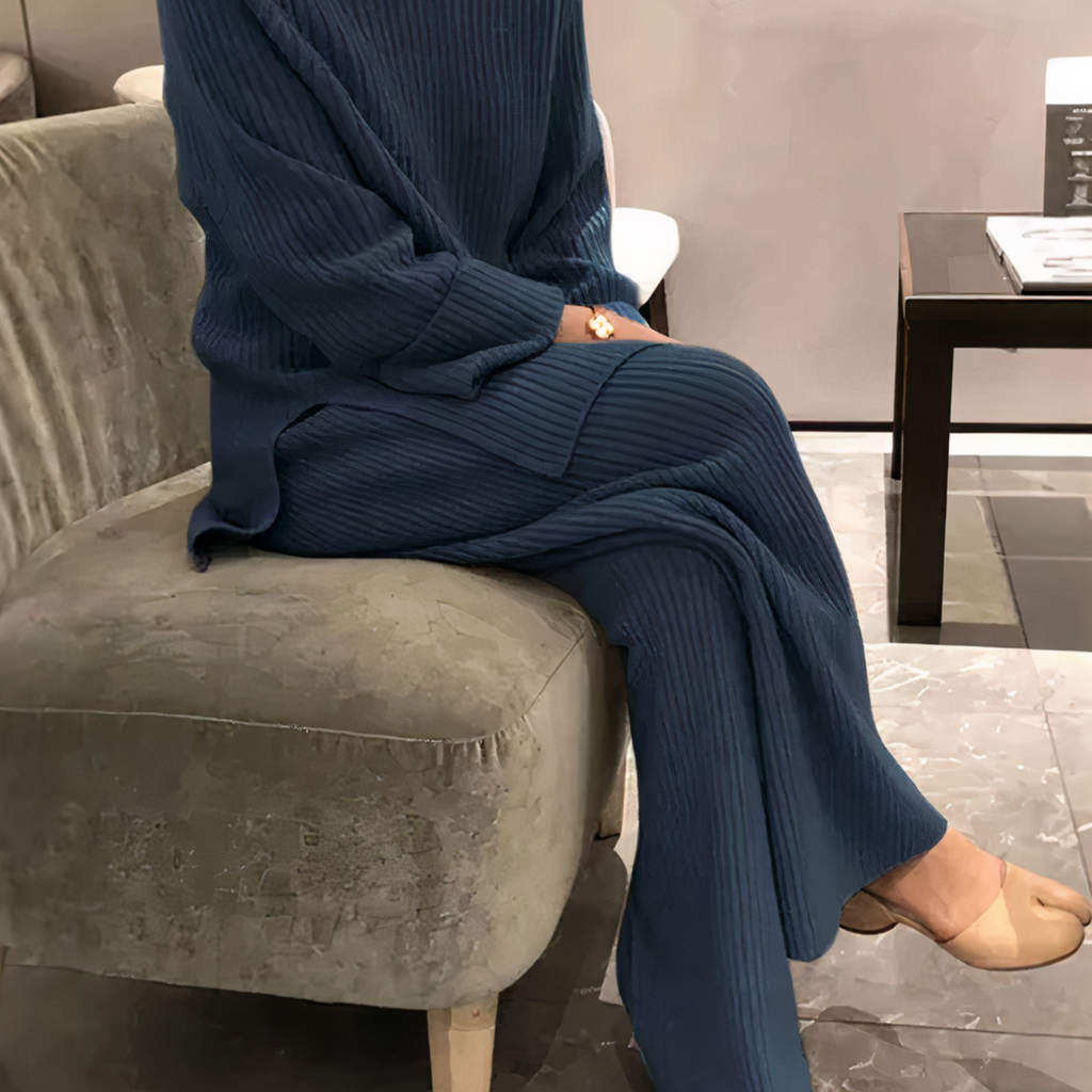 SUENTA Frauen Lässiges Strickpullover- und Hosen-Set Casual-Chic-Outfit Blau