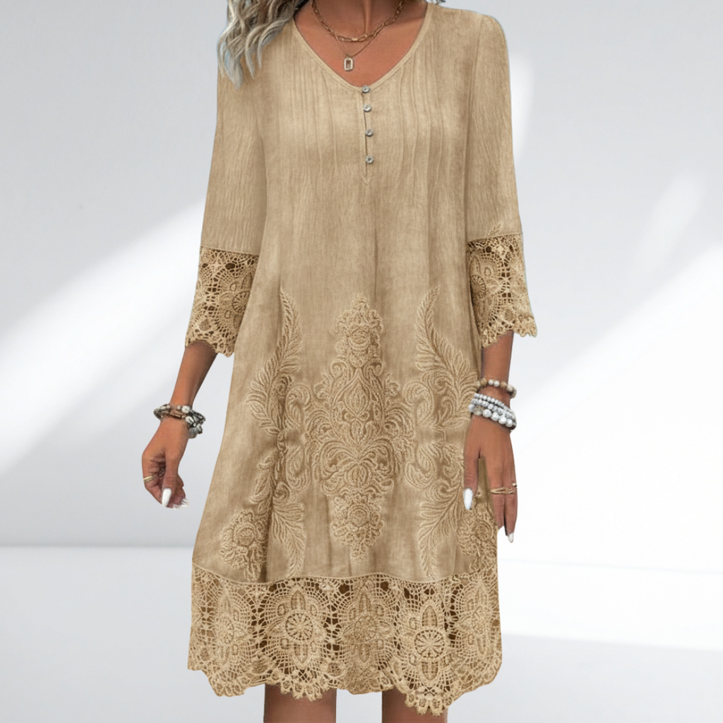 SUENTA Estelo | Tunikakleid für Damen – Besticktes Kleid mit V-Ausschnitt und Spitzenbesatz Khaki
