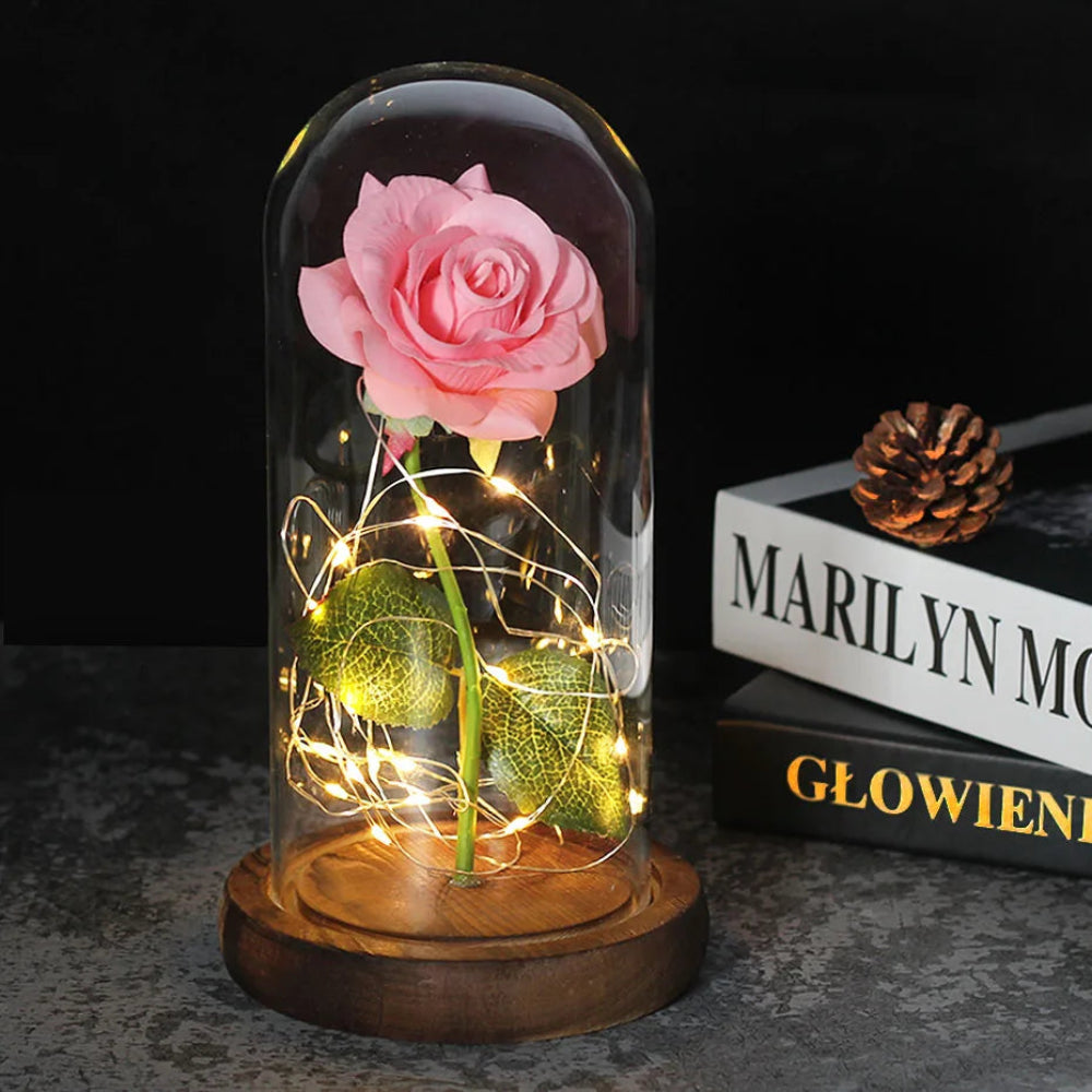 SUENTA Ewige Rose In Glaskuppel Mit LED-Licht Pink Classic Dark