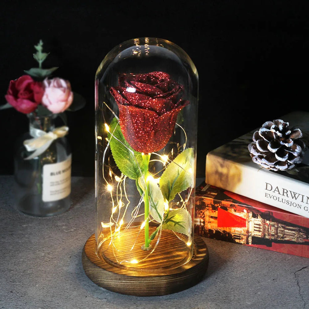 SUENTA Ewige Rose In Glaskuppel Mit LED-Licht Rot Glitter Dunkel
