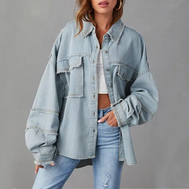 SUENTA Damen Weite Jeansjacke Aus Baumwolle Vibrant Denim Blau