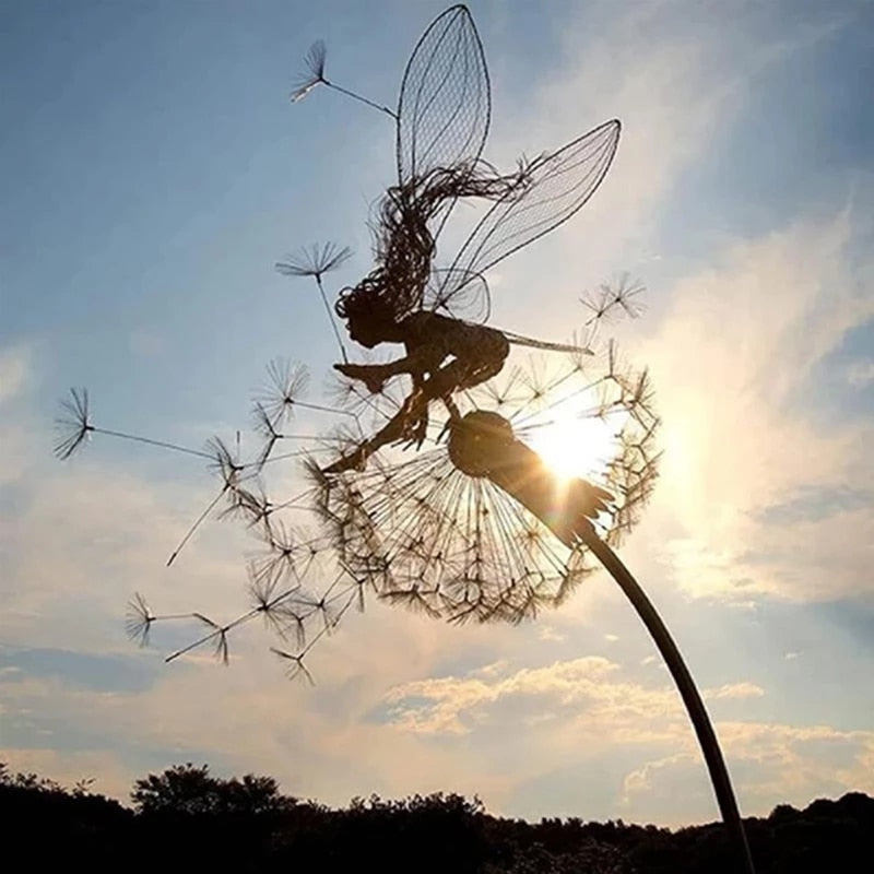 SUENTA Feenskulptur Feengarten-Skulpturen Metalldekoration Garten Skylark tanzt mit den Löwenzahnblumen