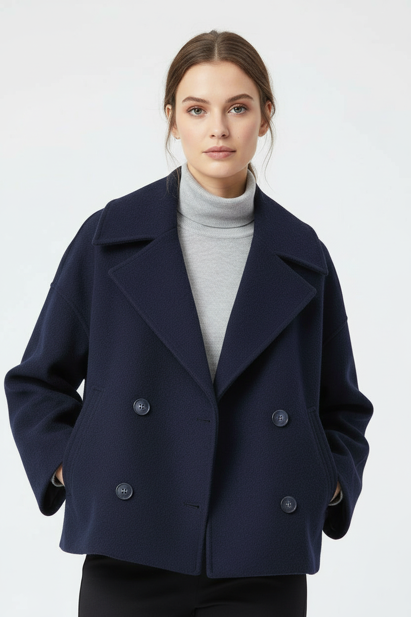 SUENTA Damen Kurzjacke Feine Kurzschnitt Zweireiher Komfortstil Marine