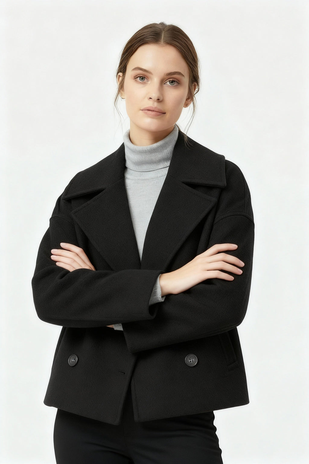 SUENTA Damen Kurzjacke Feine Kurzschnitt Zweireiher Komfortstil Schwarz