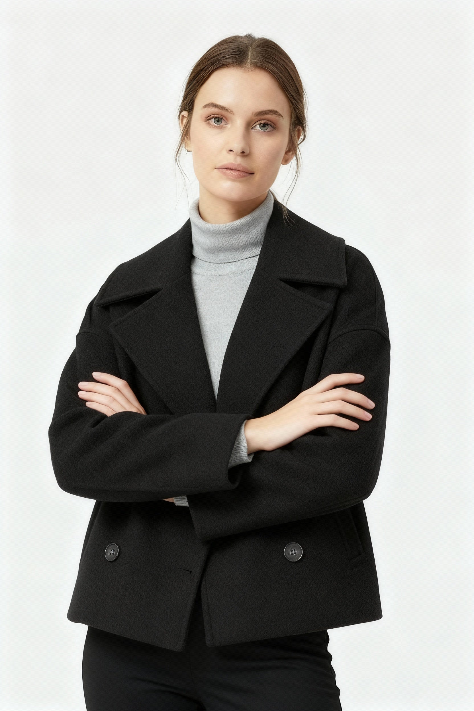 SUENTA Damen Kurzjacke Feine Kurzschnitt Zweireiher Komfortstil Schwarz
