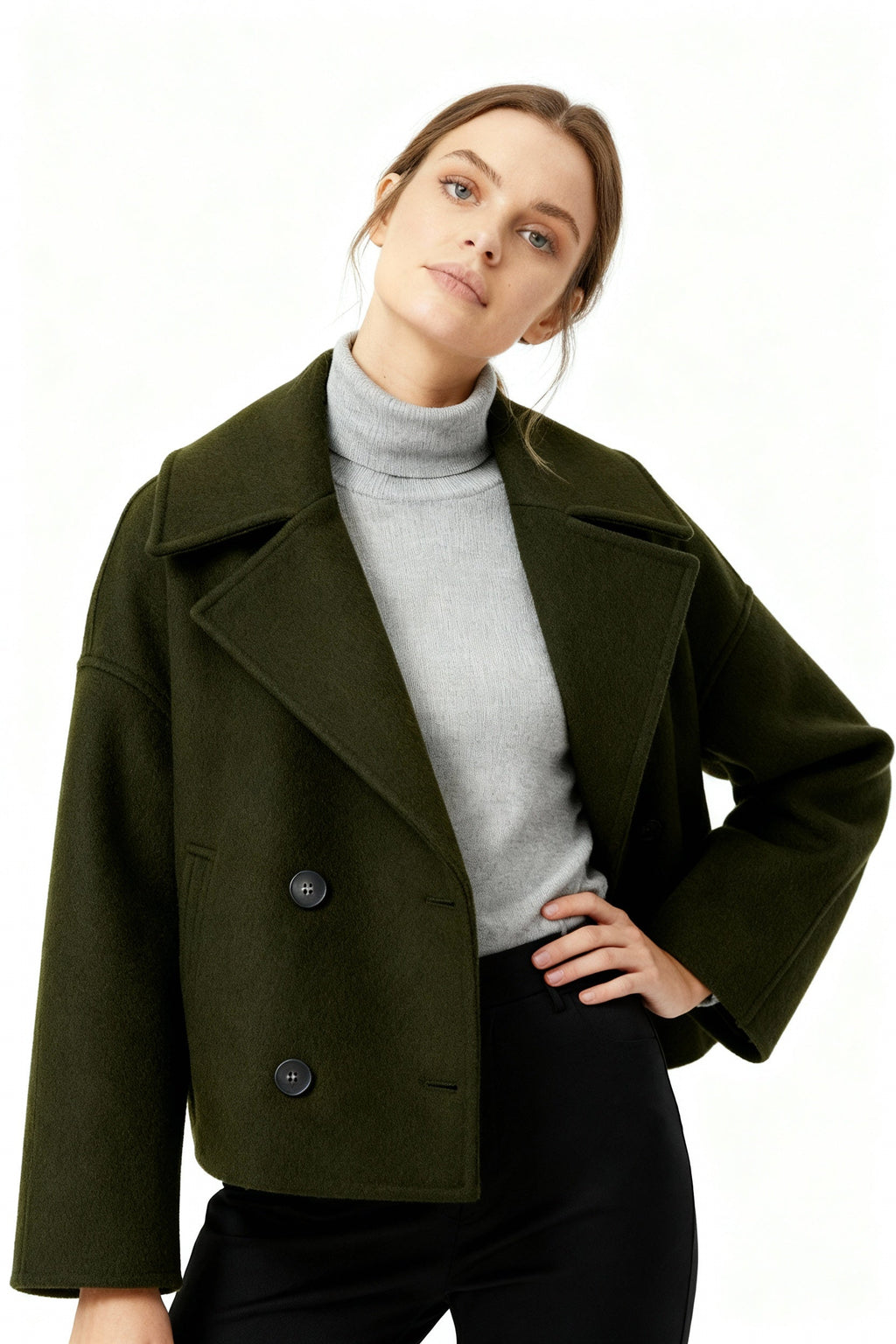 SUENTA Damen Kurzjacke Feine Kurzschnitt Zweireiher Komfortstil Grün
