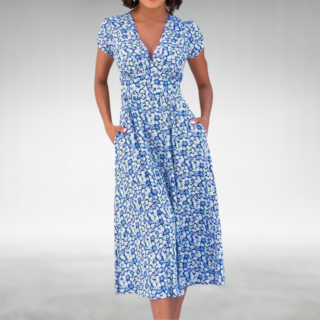 SUENTA Fließendes A-Linien-Midikleid mit betonter Taille und zartem Blumenmuster Blau