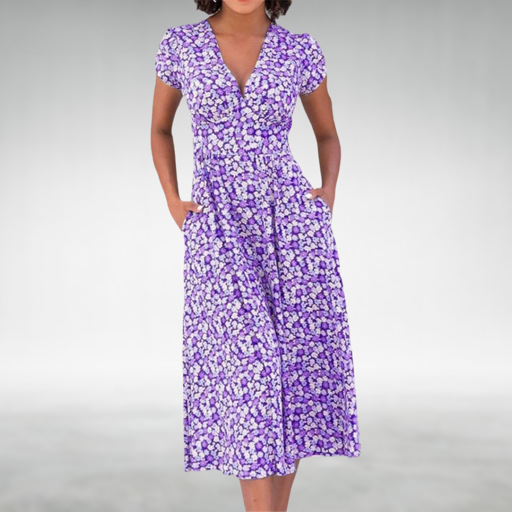 SUENTA Fließendes A-Linien-Midikleid mit betonter Taille und zartem Blumenmuster Lila