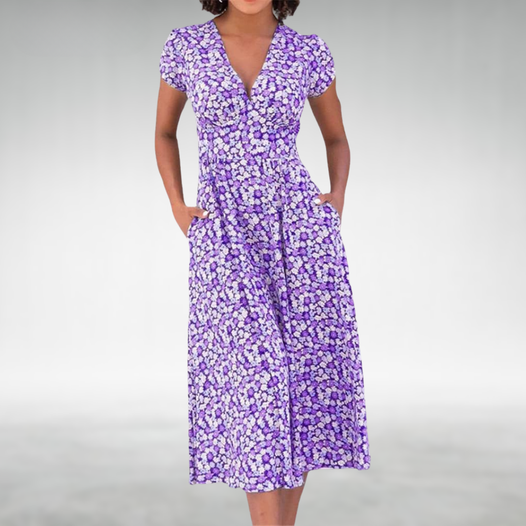 SUENTA Fließendes A-Linien-Midikleid mit betonter Taille und zartem Blumenmuster Lila