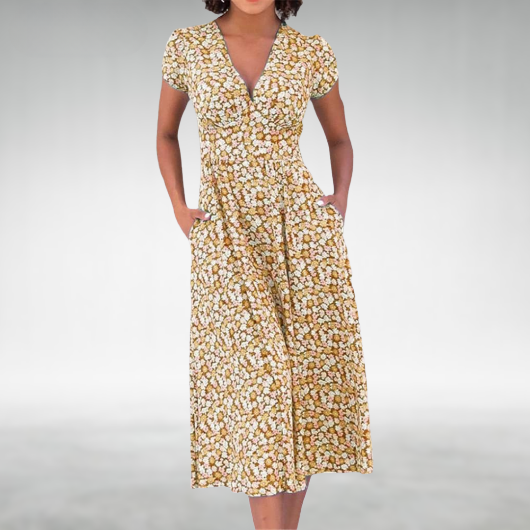 SUENTA Fließendes A-Linien-Midikleid mit betonter Taille und zartem Blumenmuster Gelb
