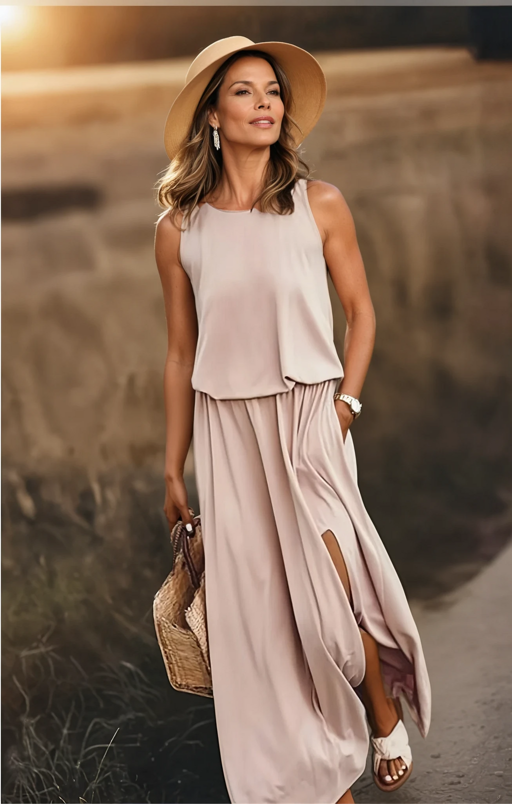 SUENTA Chloé | Damen Ärmelloses Sommerkleid – Rundhalsausschnitt & Elegante Maxi-Länge Khaki