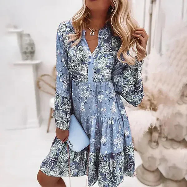 SUENTA Maren | Langärmelige Damenkleid mit durchgehendem Blumenprint Blau