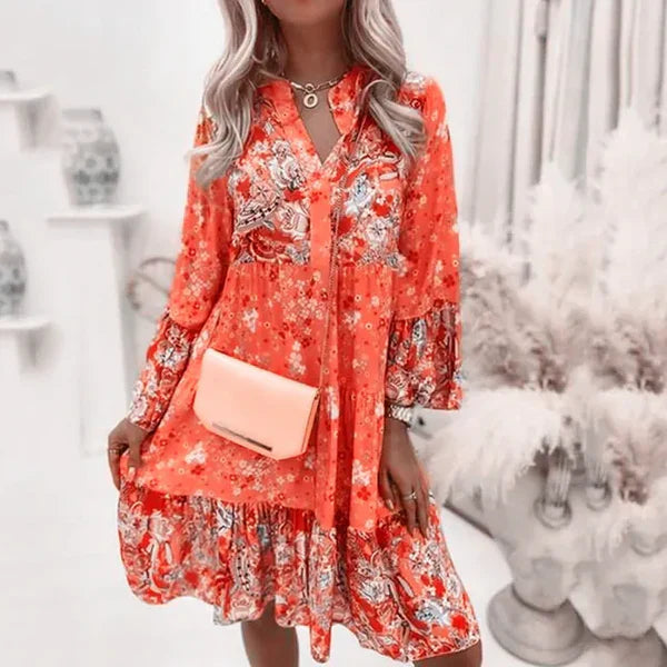 SUENTA Maren | Langärmelige Damenkleid mit durchgehendem Blumenprint Orange