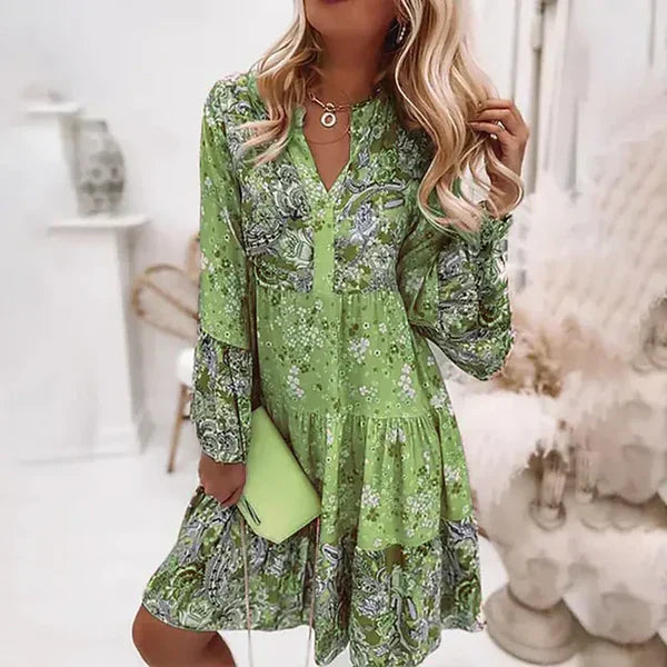 SUENTA Maren | Langärmelige Damenkleid mit durchgehendem Blumenprint Grün