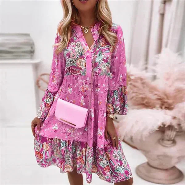 SUENTA Maren | Langärmelige Damenkleid mit durchgehendem Blumenprint Rosa