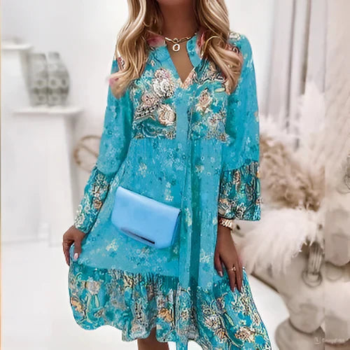 SUENTA Maren | Langärmelige Damenkleid mit durchgehendem Blumenprint Hellblau