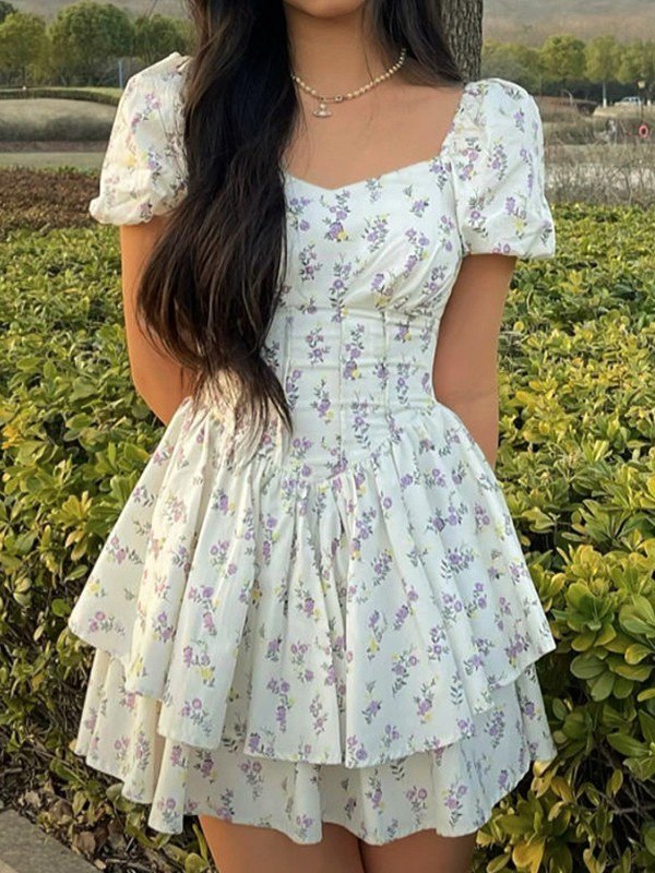 SUENTA Damen Französisches geblümtes, figurbetontes Minikleid mit Korsett und Puffärmeln L