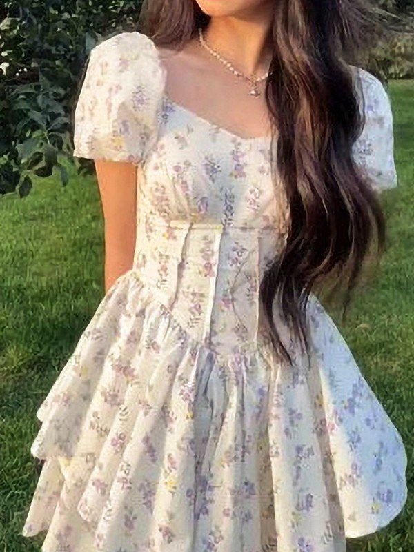 SUENTA Damen Französisches geblümtes, figurbetontes Minikleid mit Korsett und Puffärmeln
