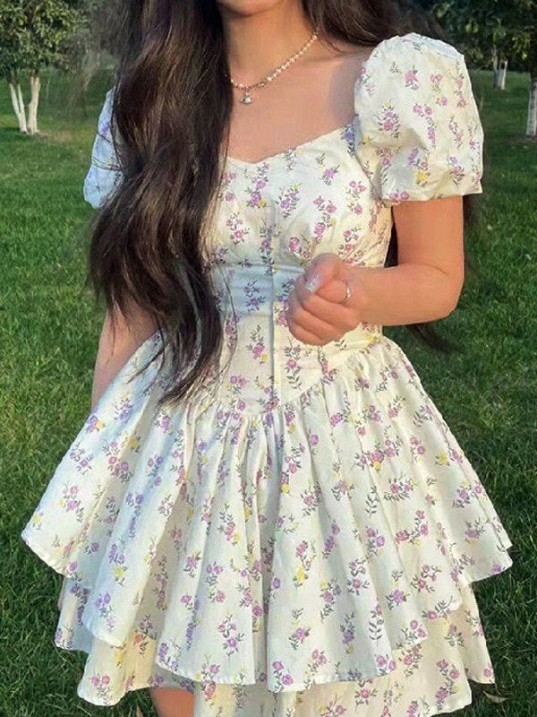 SUENTA Damen Französisches geblümtes, figurbetontes Minikleid mit Korsett und Puffärmeln
