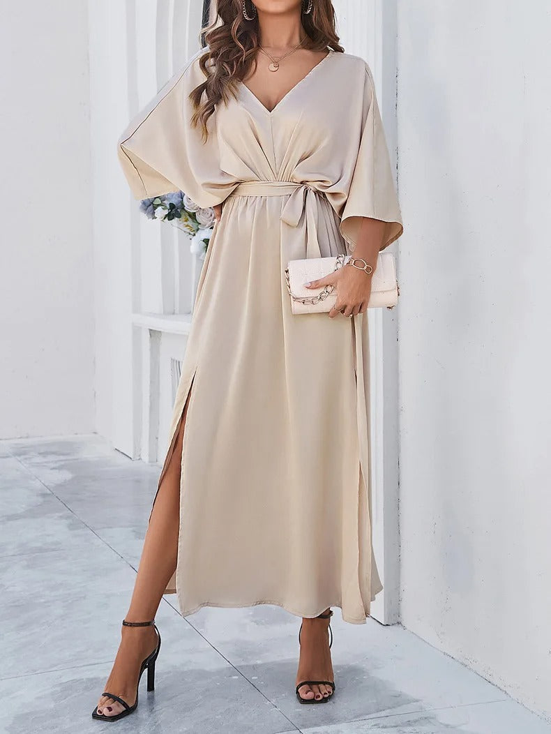SUENTA Damen Frühlingskleid mit V-Ausschnitt Zeitloses Design Champagner